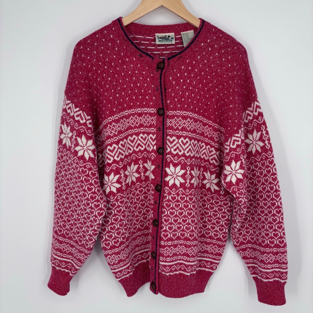 VTG Northern Reflections Nordic Style Heart Snowflake Cardigan Women M Wool Blnd